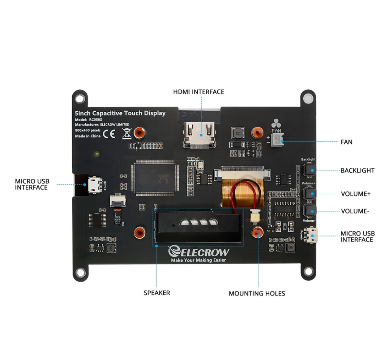 ELECROW RC050S HD 5 Inch 800×480 Capacitive Touch Monitor Built-in Speaker with Backlight Control